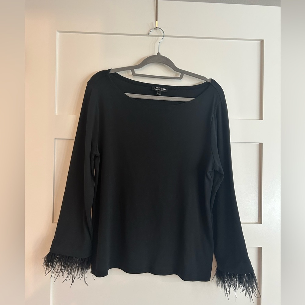 J. Crew Elegant Black Long Sleeve Top with Feather Cuffs